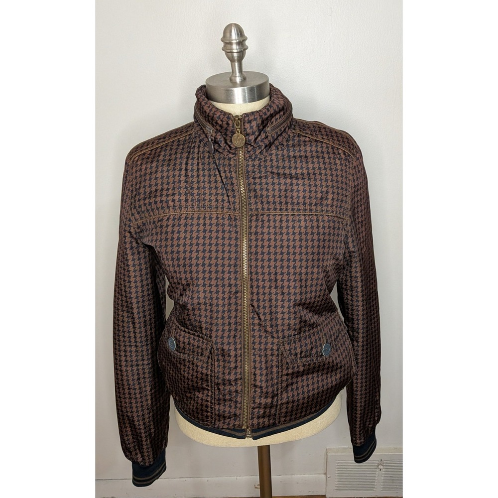 Y2K Pull Bear Size L Black/Brown Houndstooth Check Bomber Jacket Zipper Hood